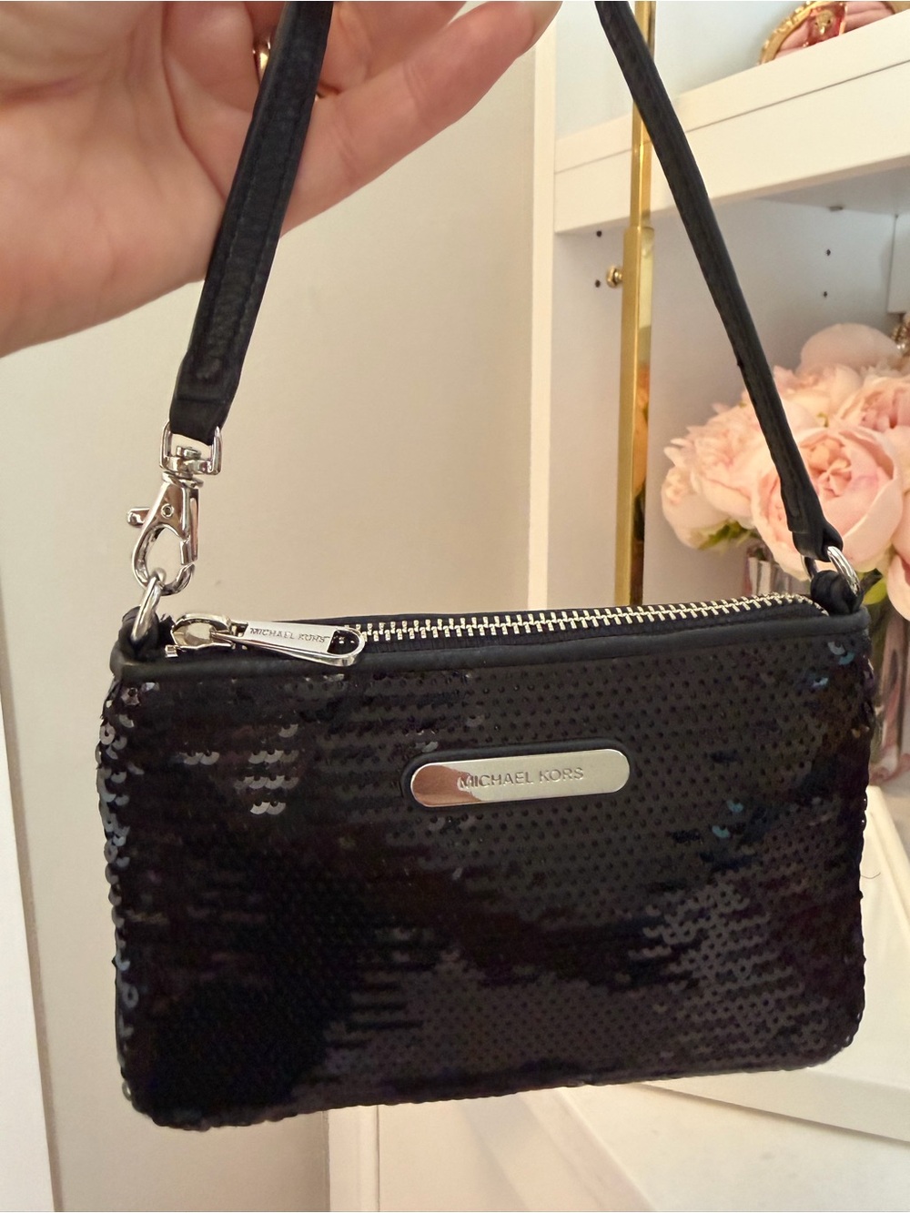 Michael Kors Black Sequin Wristlet Clutch with Silver Hardware